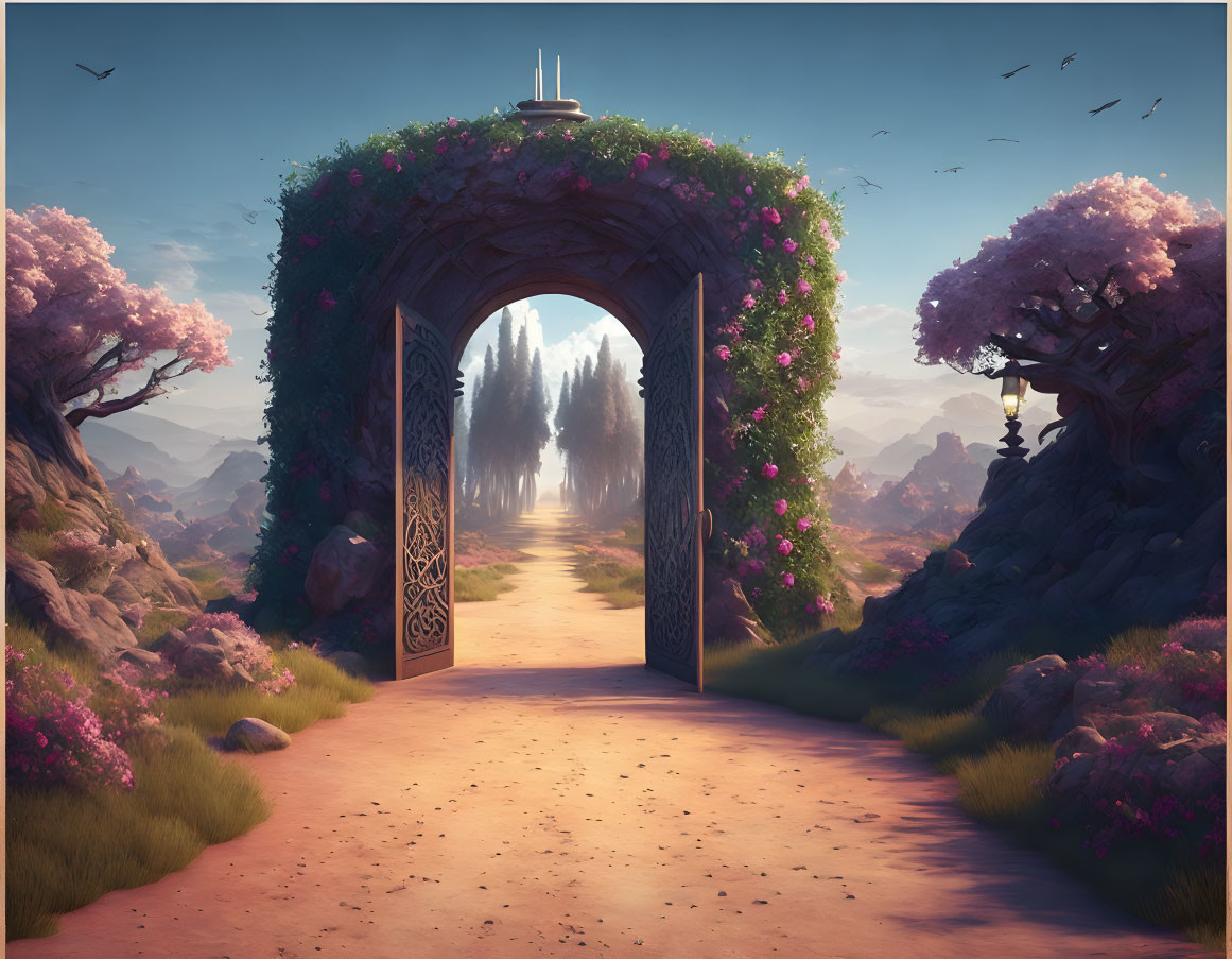 Serene fantasy landscape with ornate archway, mystical forest, and twilight sky