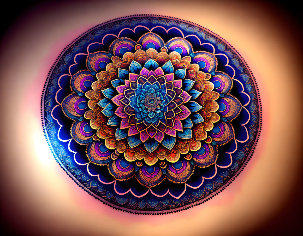 Colorful Mandala with Intricate Patterns on Orange-Purple Gradient Background