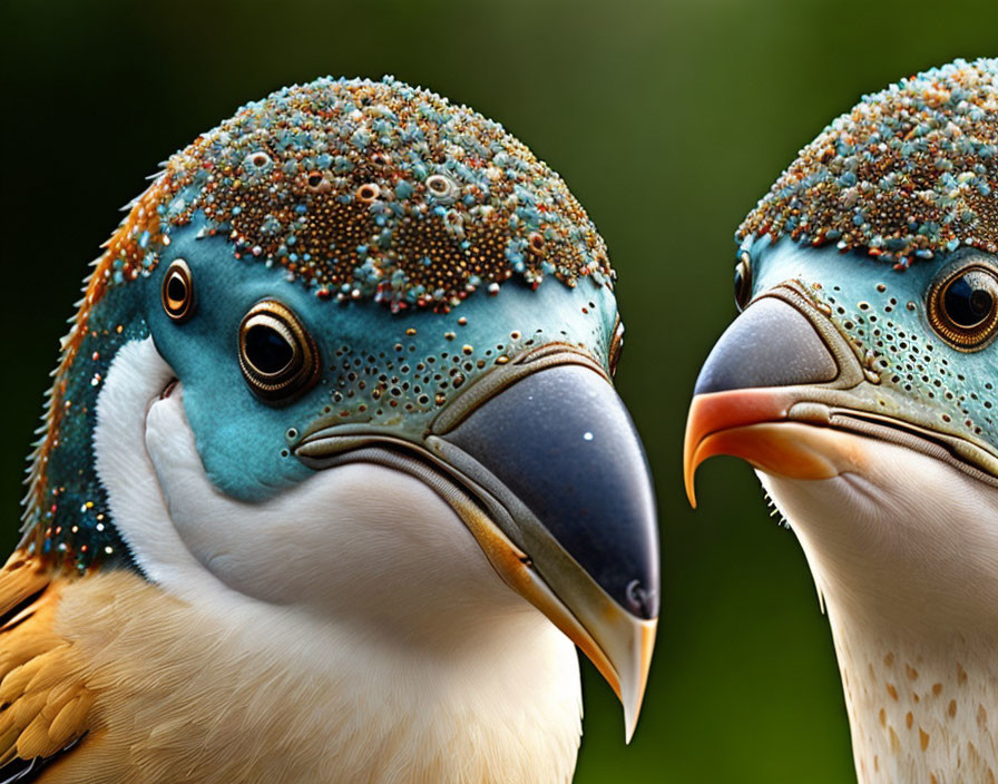 Colorful Birds with Bead-Like Textured Heads in Nature