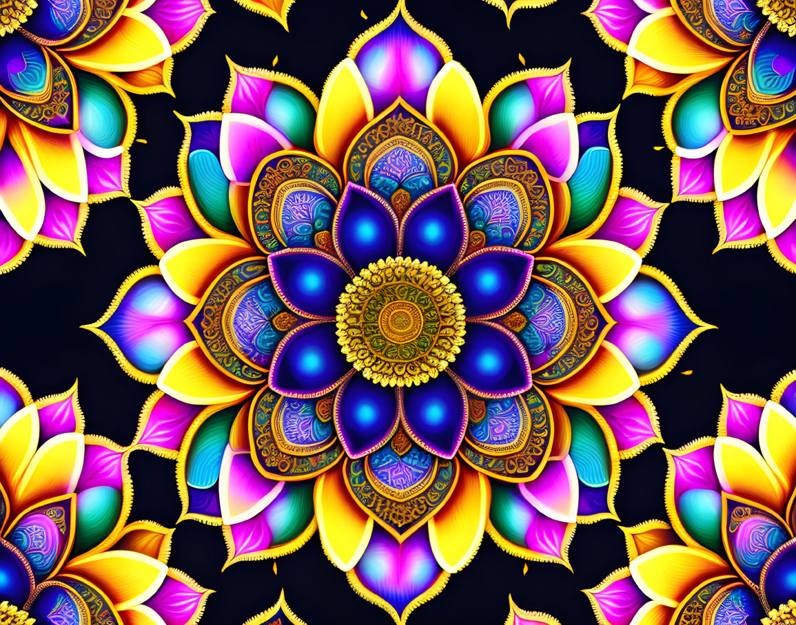 Colorful Lotus Mandala Design on Black Background