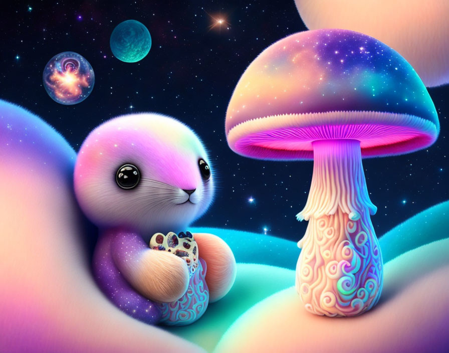 Whimsical illustration of glowing rabbit-like creature with mushroom in cosmic setting