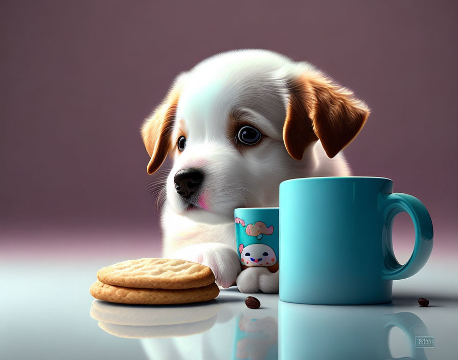 Brown-patched animated puppy with cookie, blue mug, and coffee beans on reflective surface