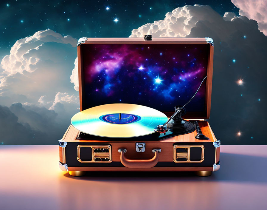 Portable Turntable Projects Vibrant Galaxy Display on Dusk Sky