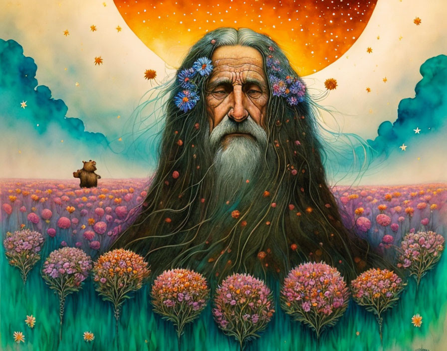 Elderly man with long flowery beard in meadow under starry sky