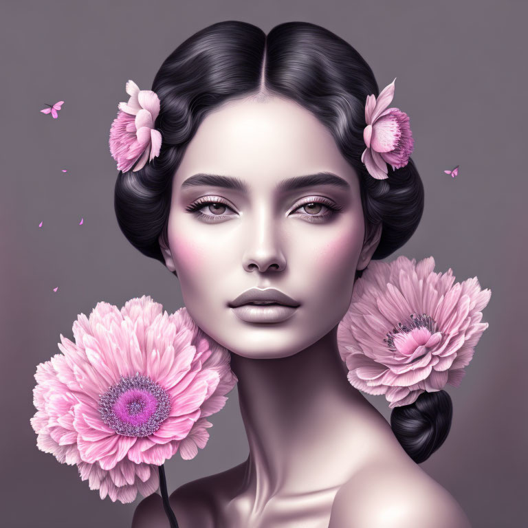 Woman with flawless skin, pink flowers in hair, and butterflies illustration