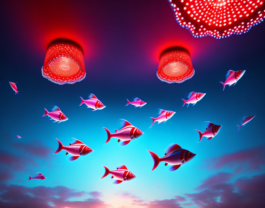 Surreal red fish and jellyfish chandeliers in vibrant sky