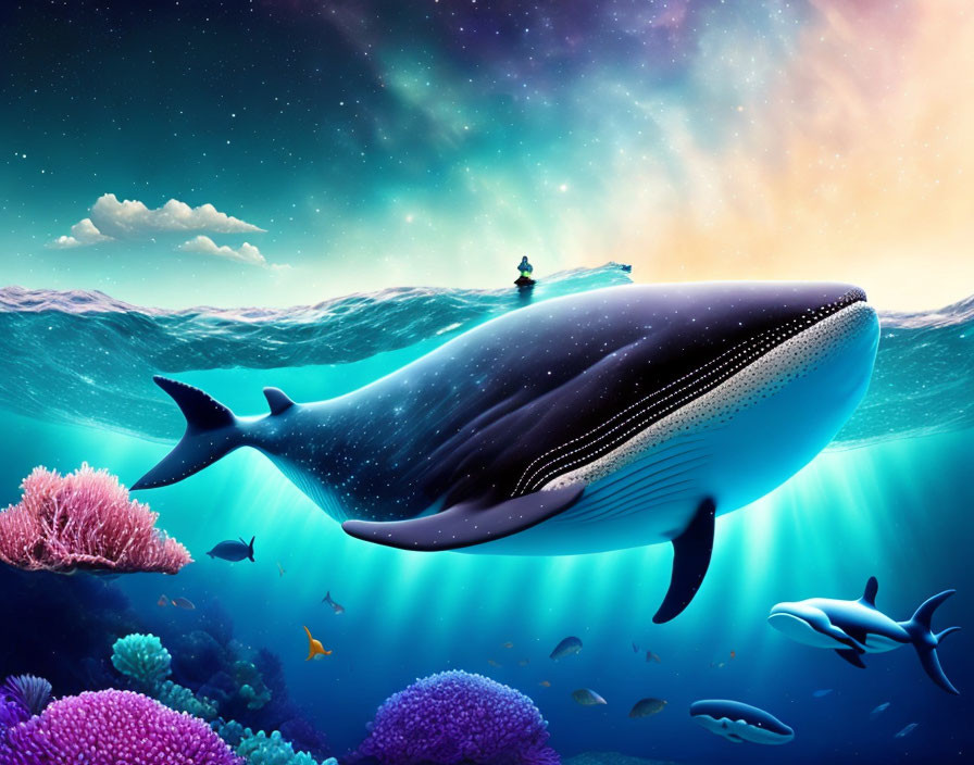 Giant whale swimming under starry sky with tiny figure in surreal underwater scene