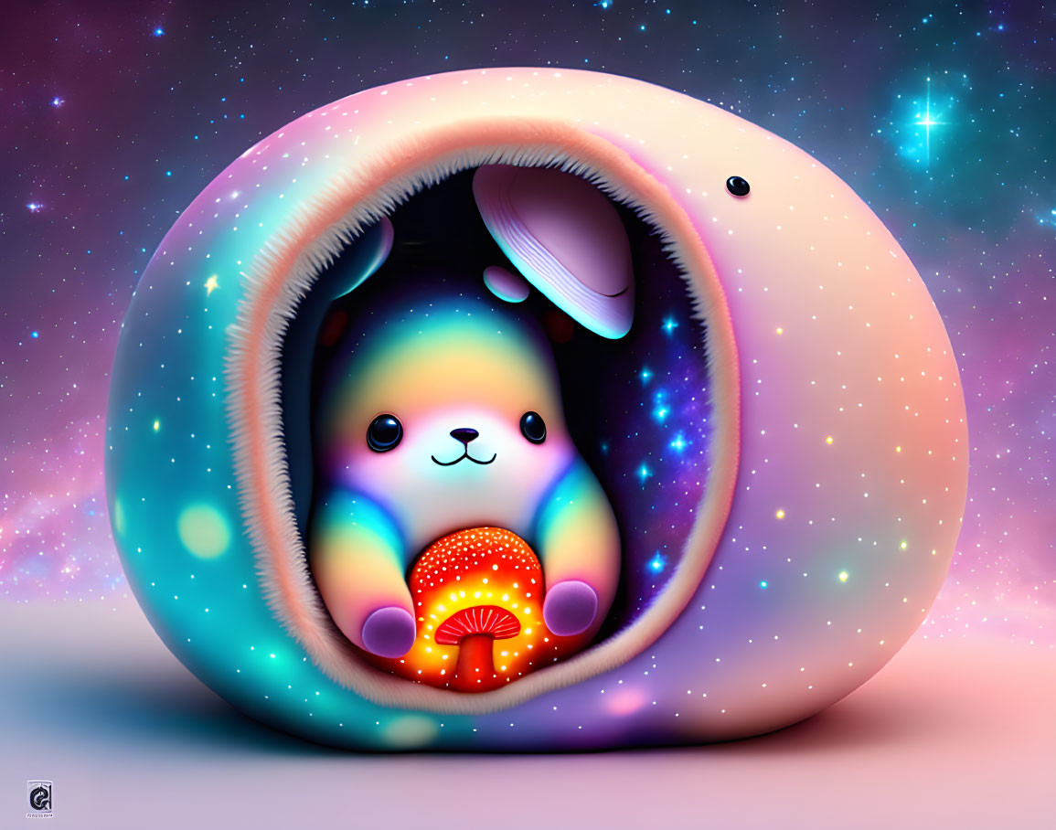 Stylized rabbit illustration in futuristic pod with starry background