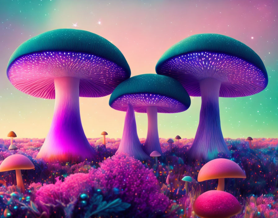 Colorful digital artwork: Oversized luminescent mushrooms in mystical landscape