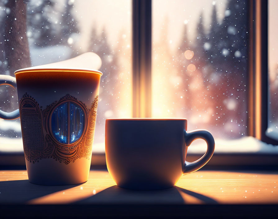 Snowy winter scene with two cups on windowsill creating cozy atmosphere