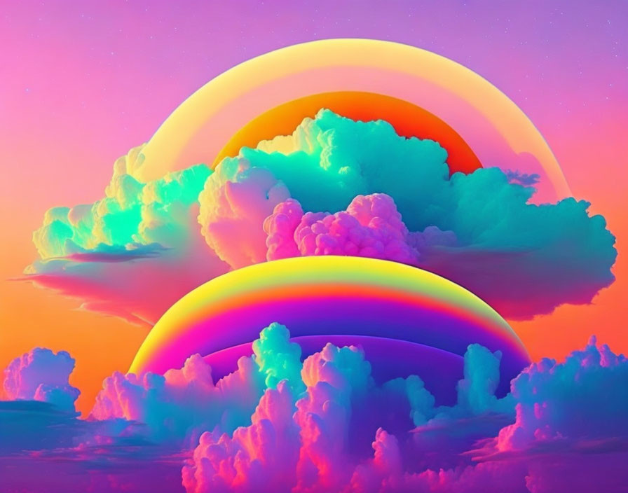 Vibrant surreal image: Fluffy clouds in green, blue, and pink with triple rainbow.