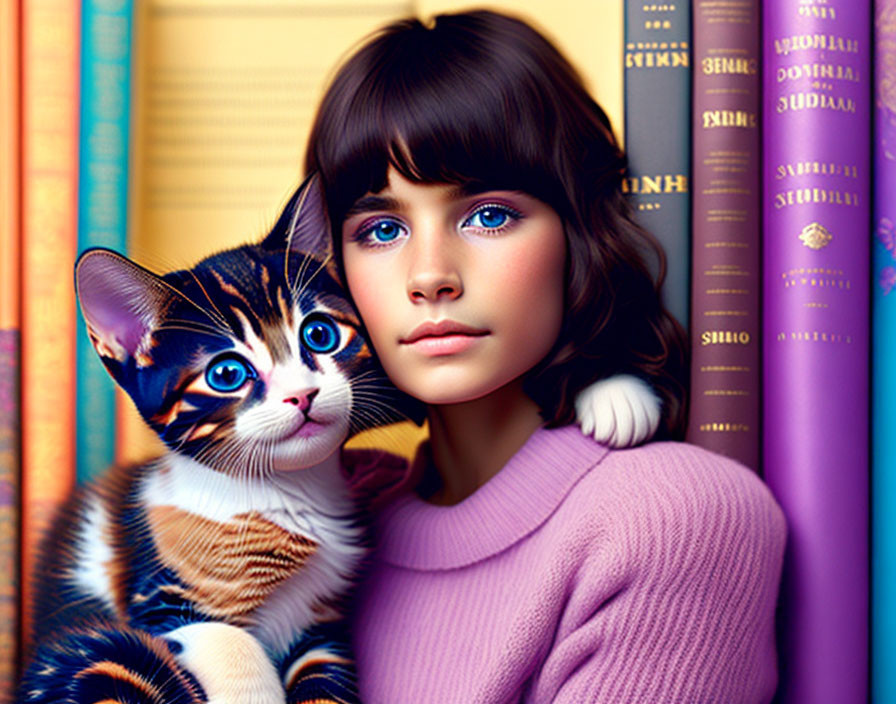 Girl with Blue Eyes and Pink Sweater Poses with Tabby Cat by Bookshelf