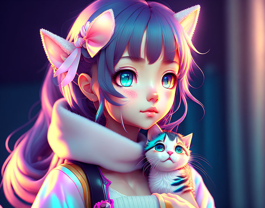 Illustrated girl with cat ears holding kitten in dreamlike glow