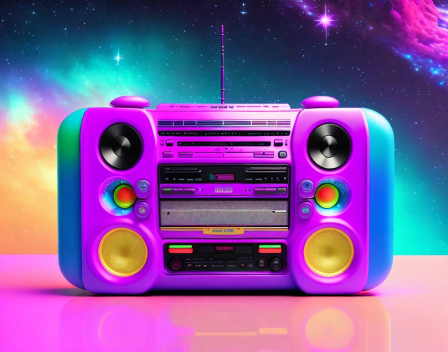 Colorful Boombox Against Neon Cosmic Background in Purple, Pink, and Yellow Hues