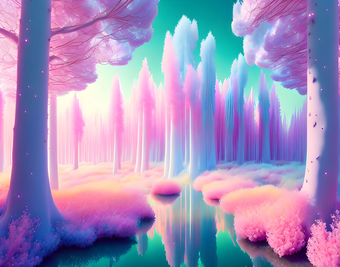 Colorful fantasy landscape with pink and blue trees and reflective river