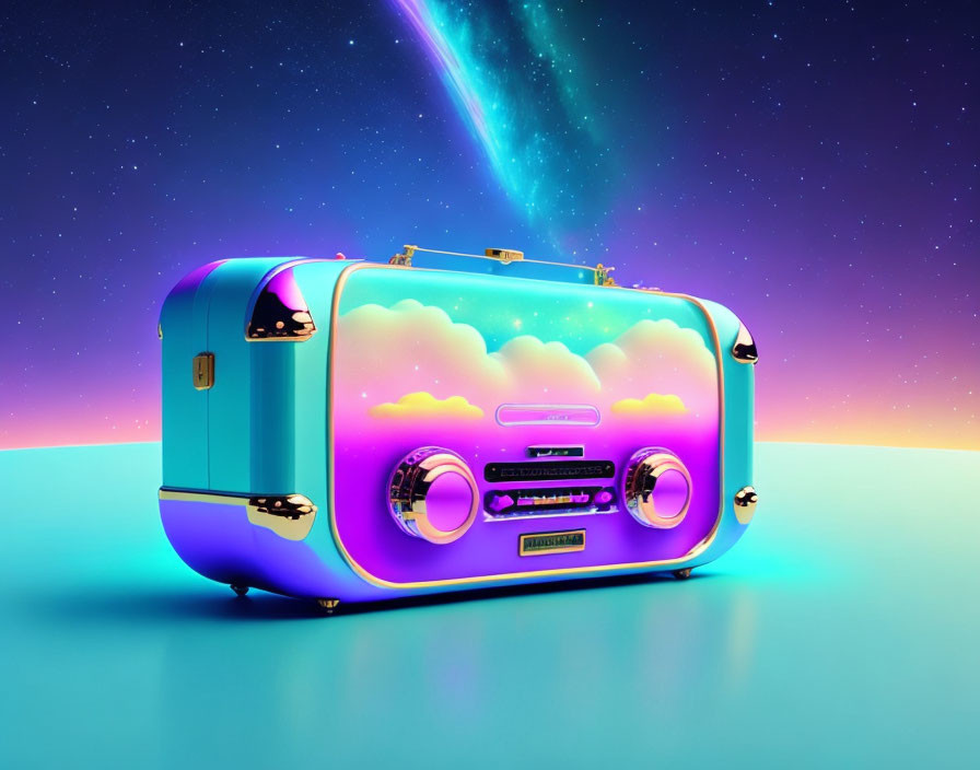 Colorful Retro-Style Boombox Suitcase with Cloud and Sky Design on Neon Gradient Background