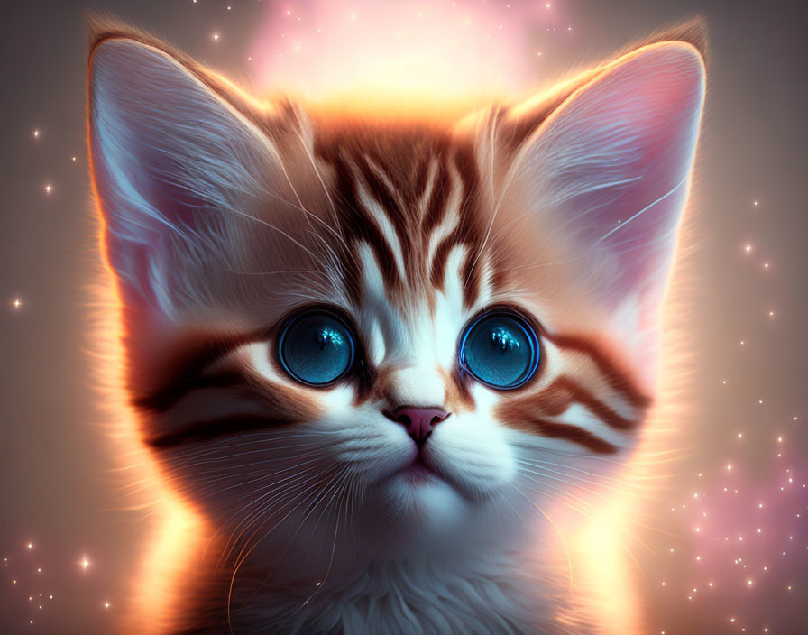 Adorable kitten digital illustration with oversized blue eyes and warm glowing backdrop