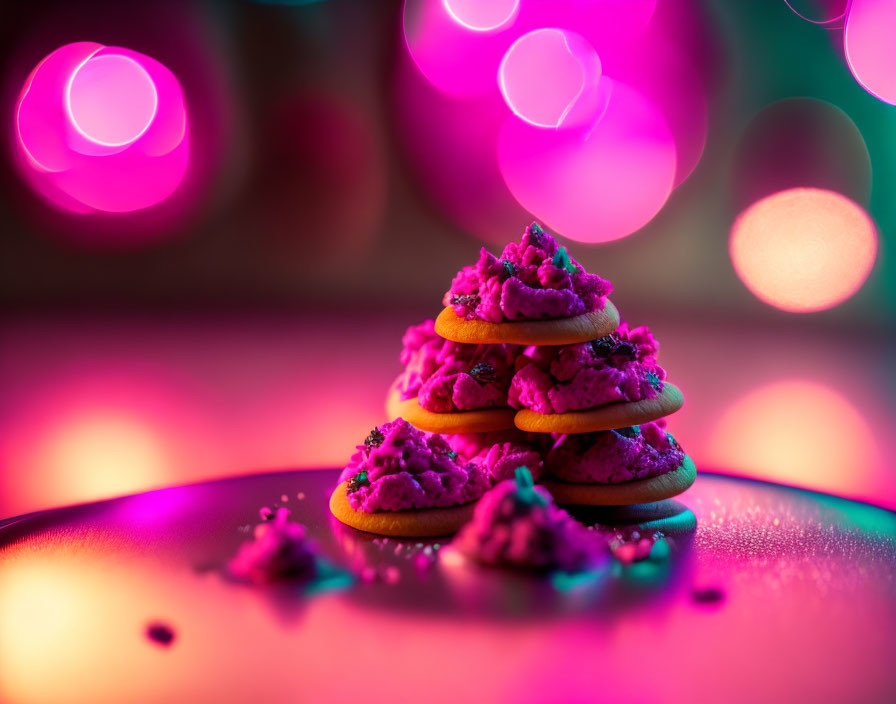 Stack of Cookies with Purple Frosting on Bokeh Background with Pink and Purple Lights