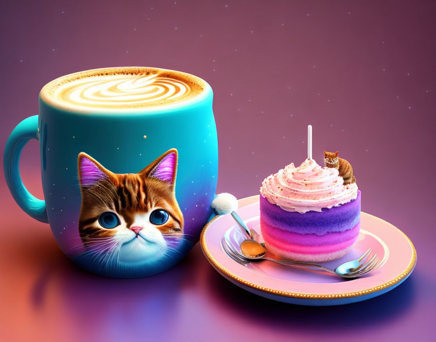 Whimsical cat-faced coffee mug with vibrant layered cake on cosmic background