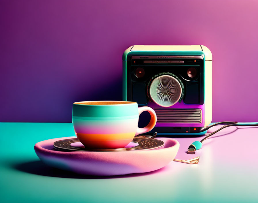 Striped Cup and Retro Radio on Purple Teal Gradient Background