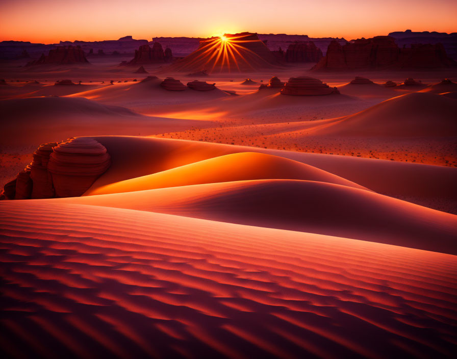 Colorful sunset over sand dunes with long shadows in warm hues