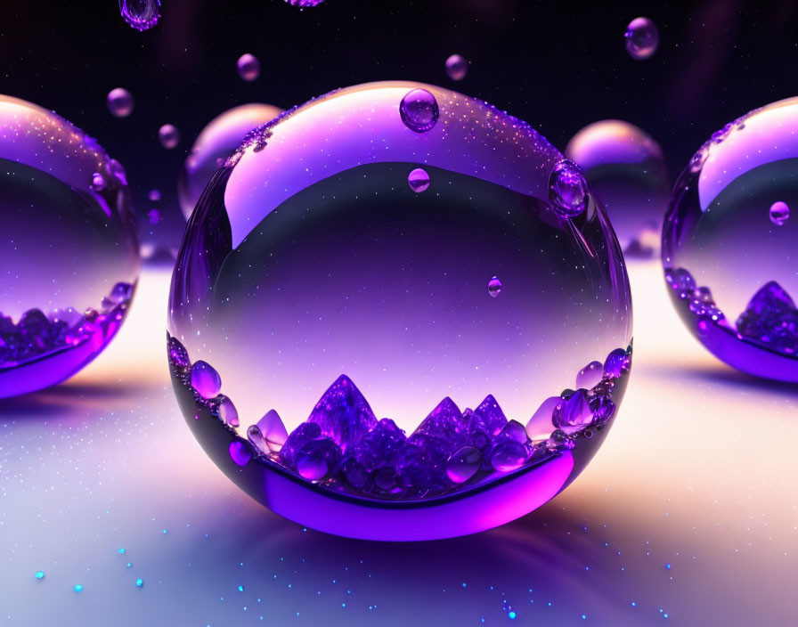 Shimmering crystal balls with water droplets on purple bokeh backdrop