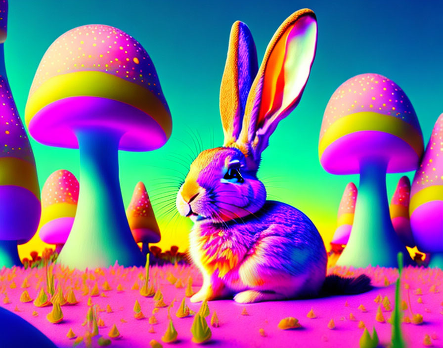 Colorful Rabbit Among Glowing Mushrooms in Neon Landscape