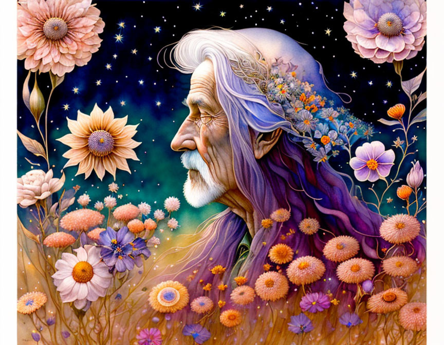 Elderly man with beard and floral profile against starry night sky