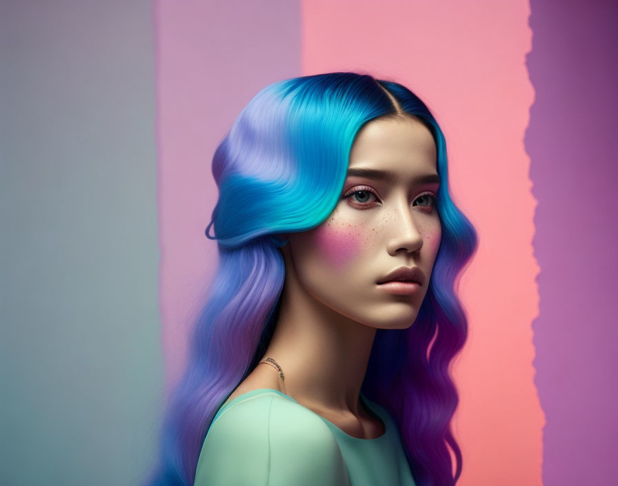 Blue and Purple Haired Woman on Pink and Blue Background with Serene Expression and Pastel Makeup