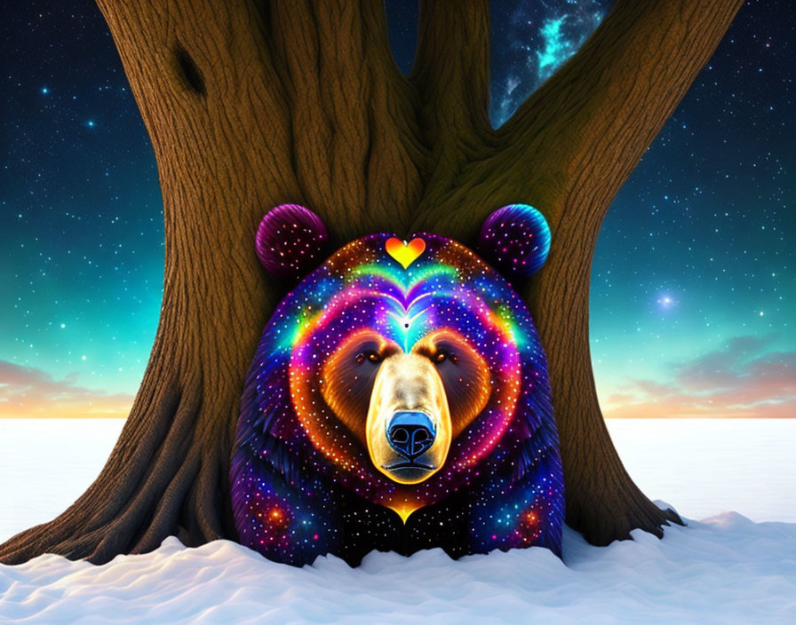 Colorful Bear Illustration with Cosmic Pattern and Glowing Stars in Snowy Twilight Scene