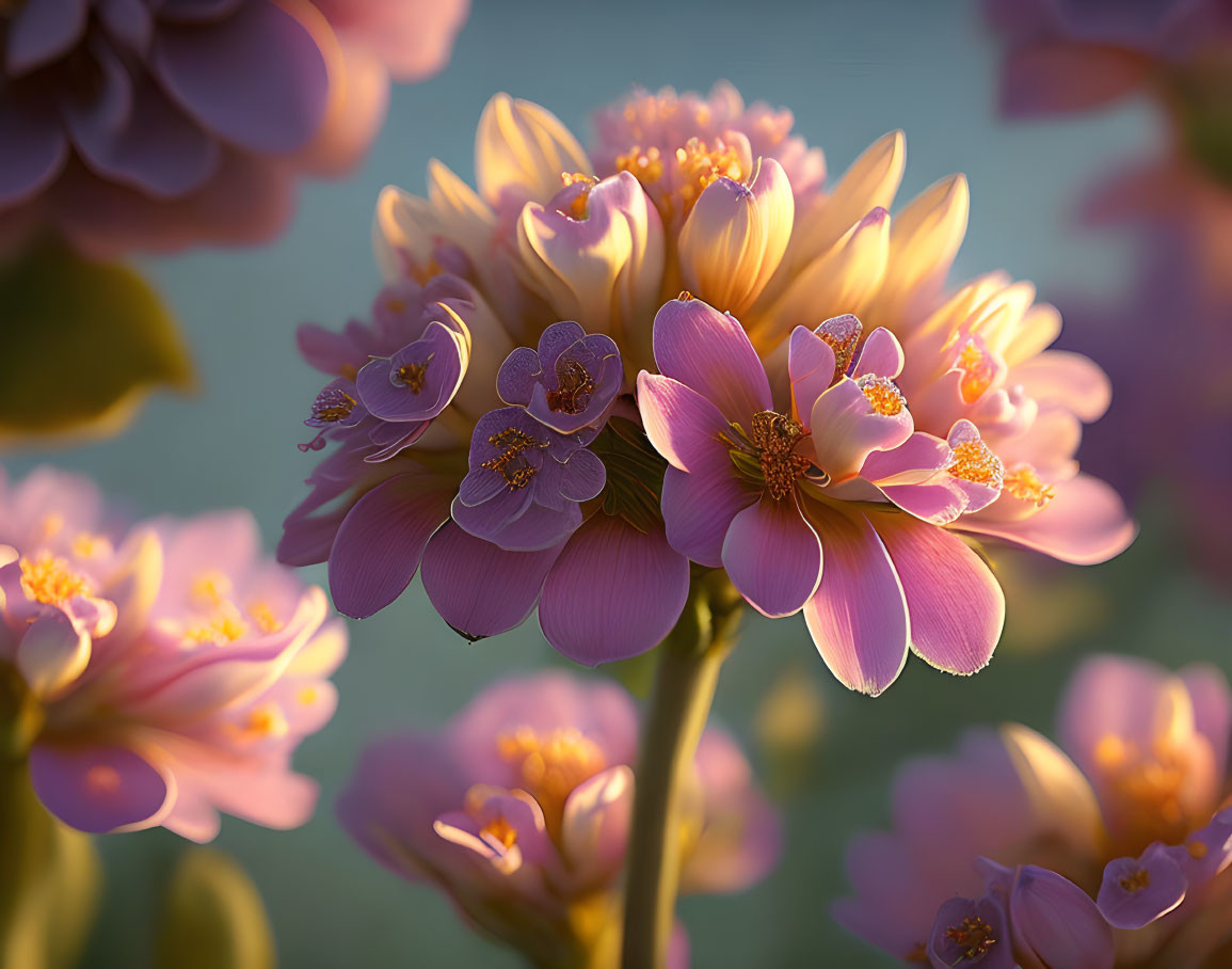 Pink Flowers in Bloom with Golden Sunlight and Green Background