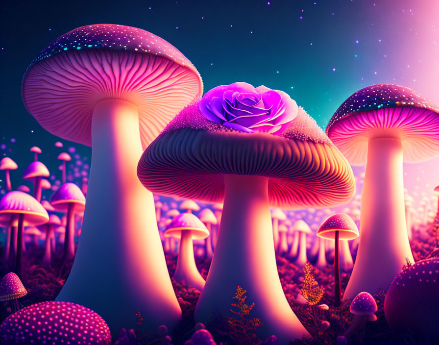 Fantastical neon-lit landscape with glowing mushrooms and rose