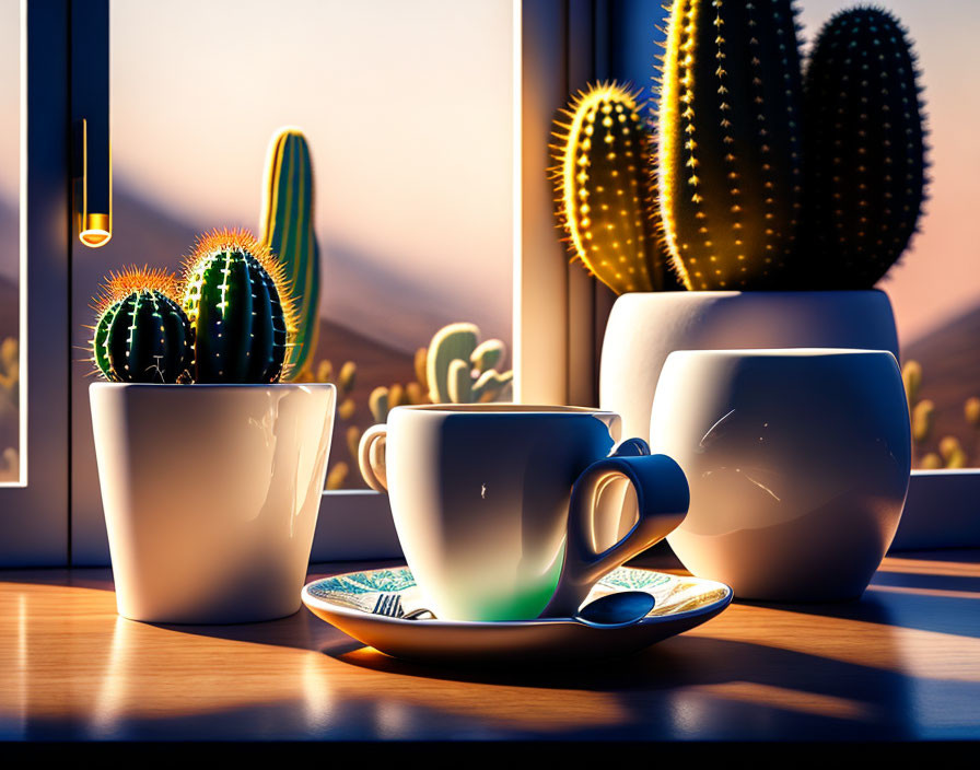 Cozy coffee and cacti on windowsill at sunrise