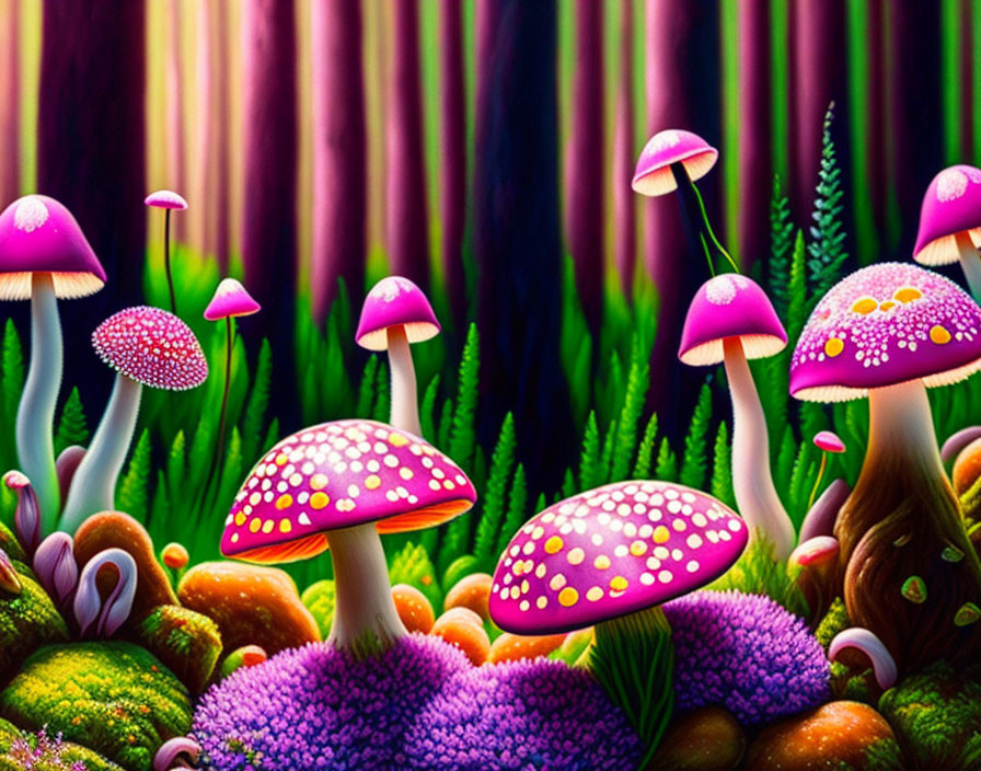 Colorful digital artwork of whimsical mushroom forest with vibrant purple fungi, yellow dots, lush greenery