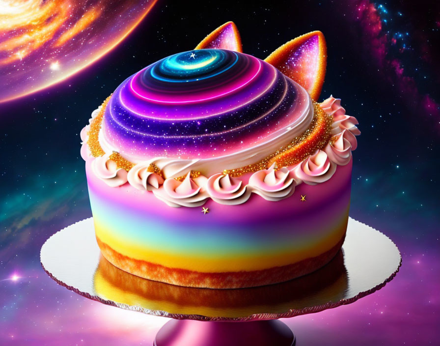 Colorful Galaxy-Themed Cake with Glittery Purple Icing and Cosmic Decorations