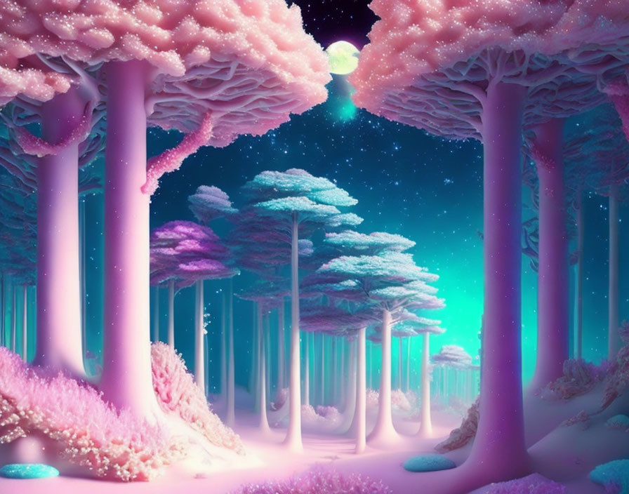 Surreal pink and blue tree landscape under starry sky