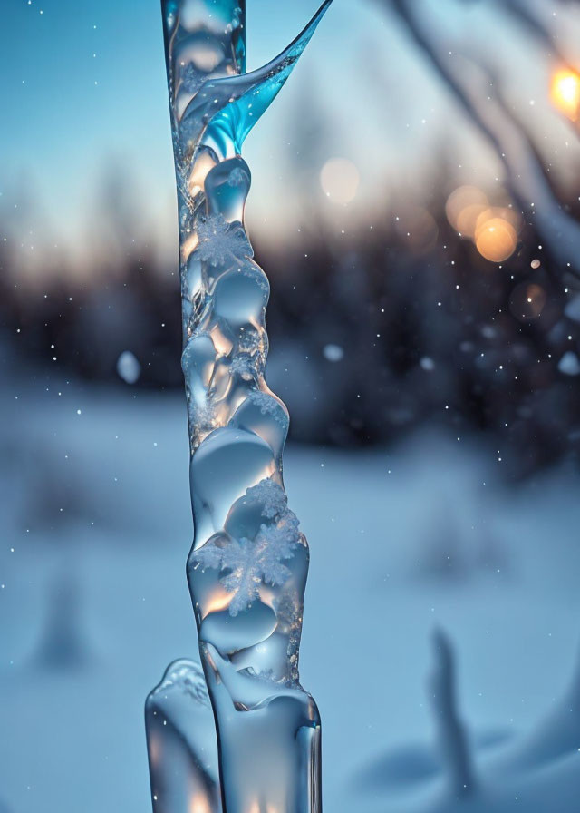 Icicle with dripping water, sunlight bokeh effect, winter landscape