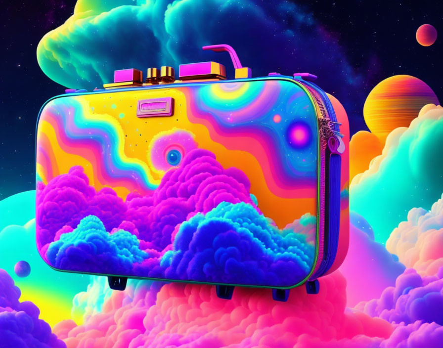 Colorful Space Theme Psychedelic Suitcase on Neon Clouds