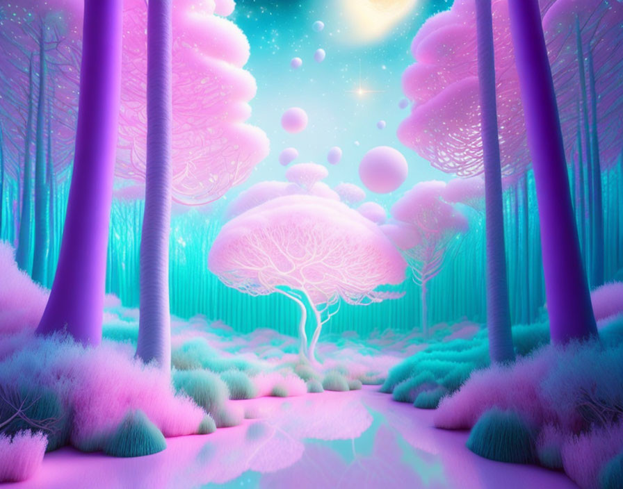 Colorful surreal landscape with neon trees and starry sky.