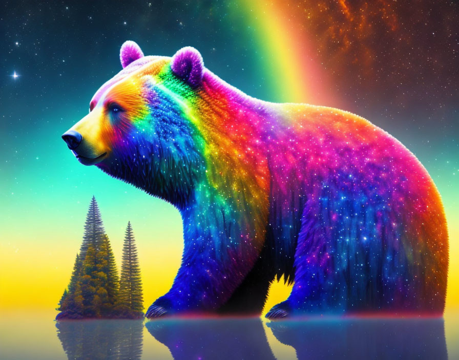 Colorful Rainbow Bear Against Cosmic Background with Starry Sky and Water