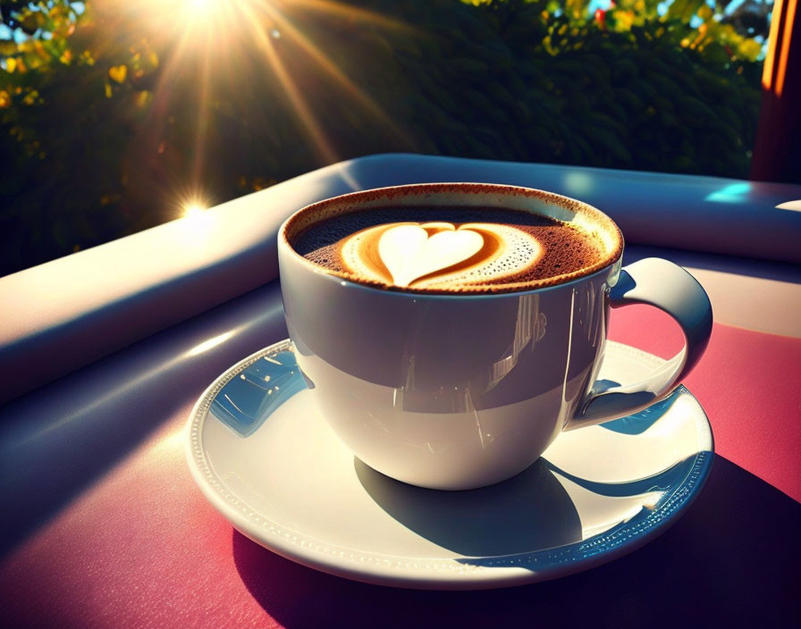 Heart-shaped latte art on coffee cup in sunlight with green foliage