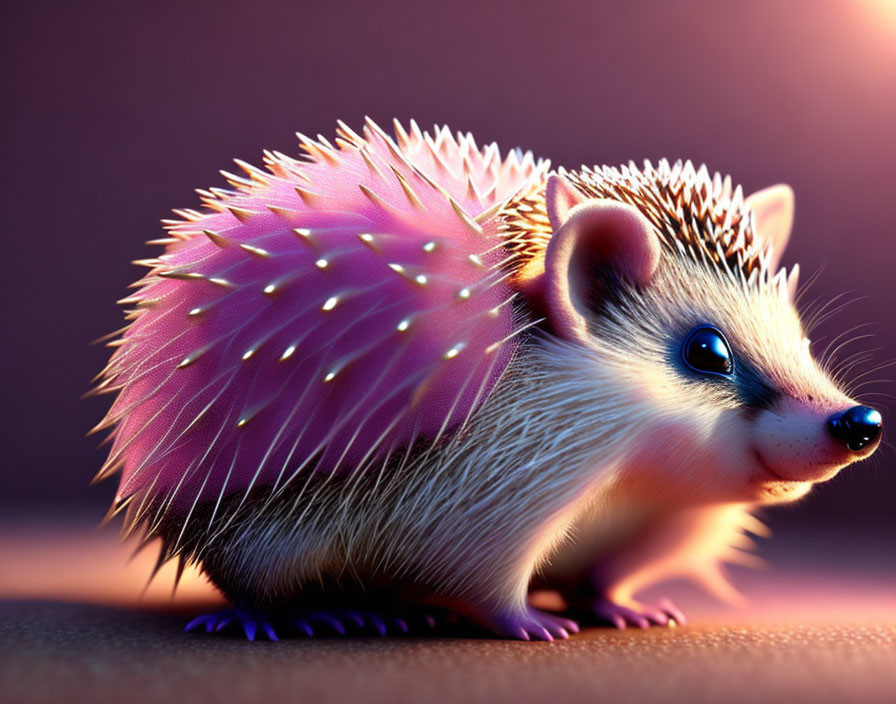 Colorful Hedgehog Illustration with Pink Quills on Purple Background