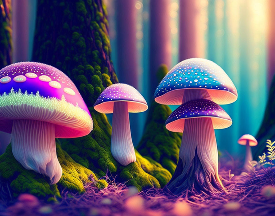 Vibrant glowing mushrooms in enchanting forest with moss-covered trees