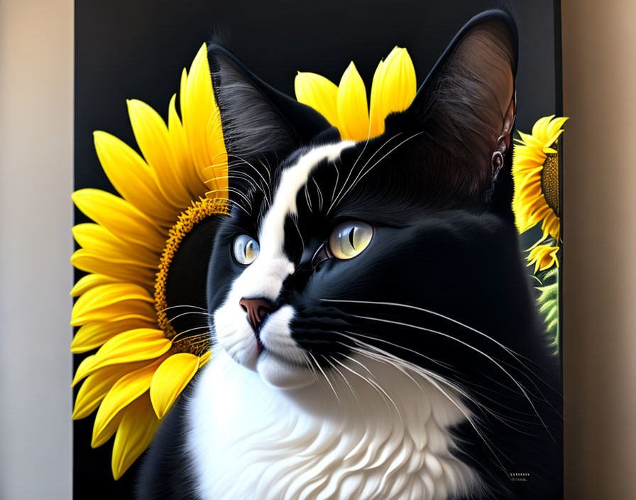 Black and White Cat with Striking Eyes Among Vibrant Sunflowers