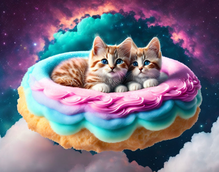 Two kittens on colorful donut in cosmic setting