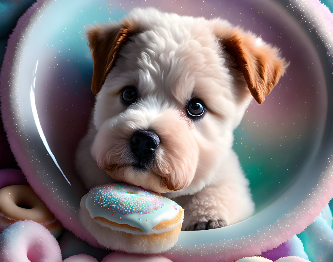 Fluffy white and brown puppy with frosted donut and sweets