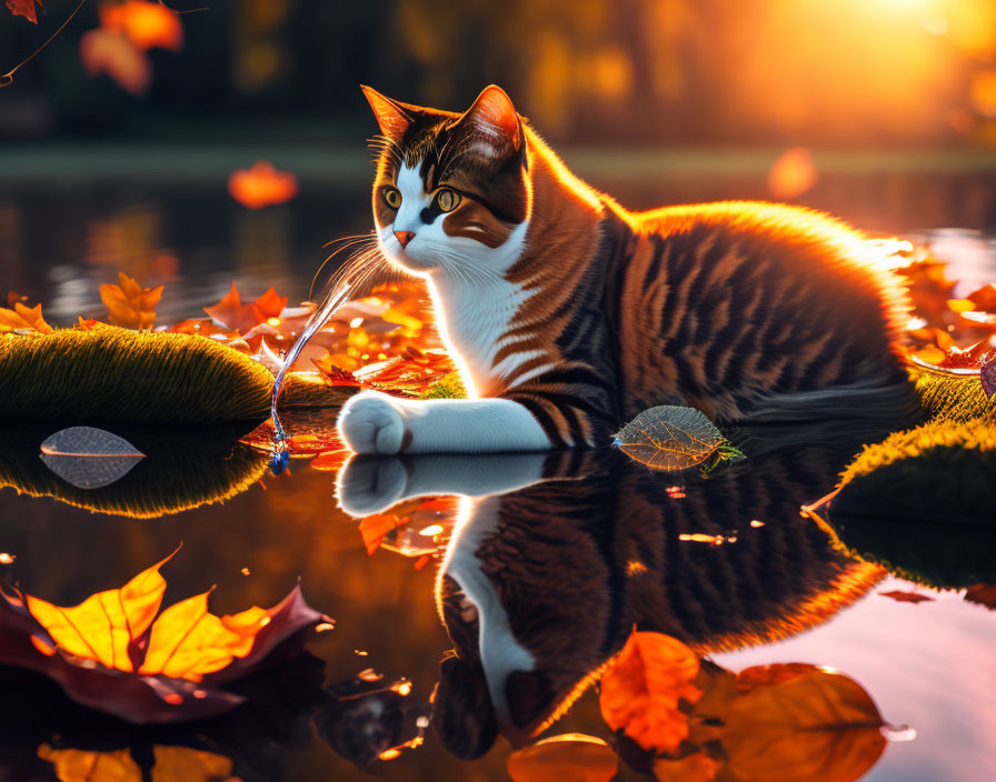 Cat with Striking Markings Resting on Log in Autumn Setting