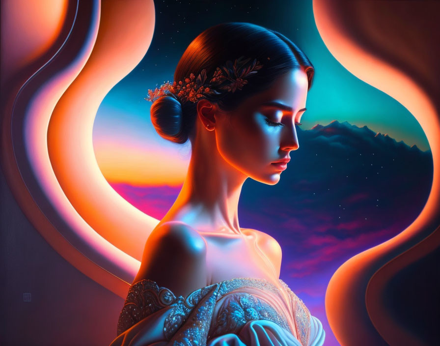 Profile view of a woman in digital art with colorful, dreamlike background