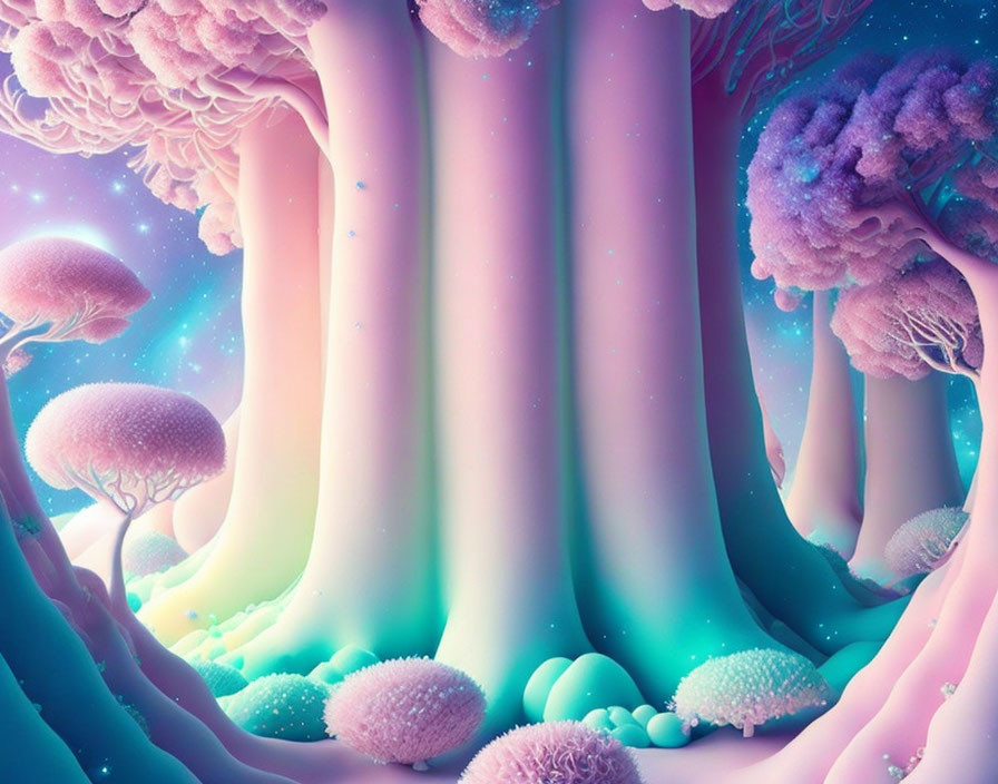 Fantastical Landscape with Pastel-Colored Tree-Like Structures