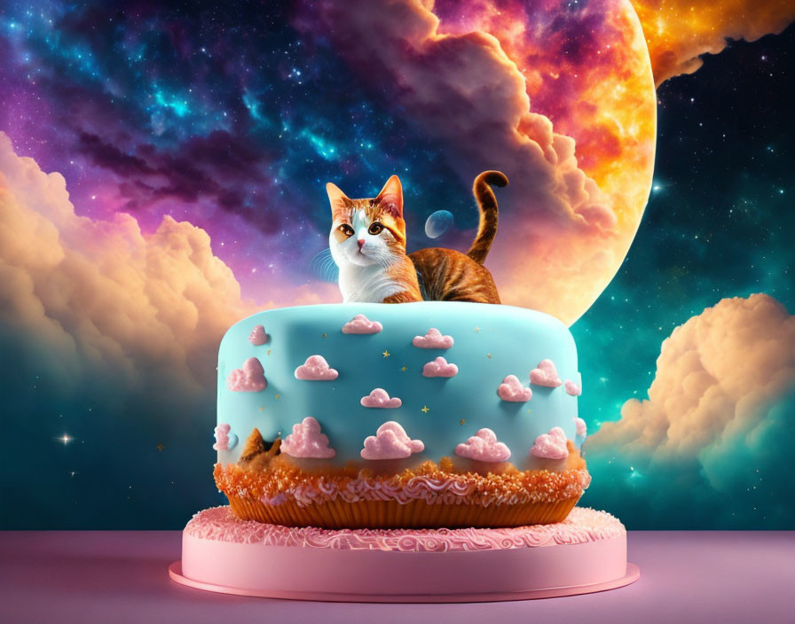 Cat on Cloud Cake with Cosmic Moon Background